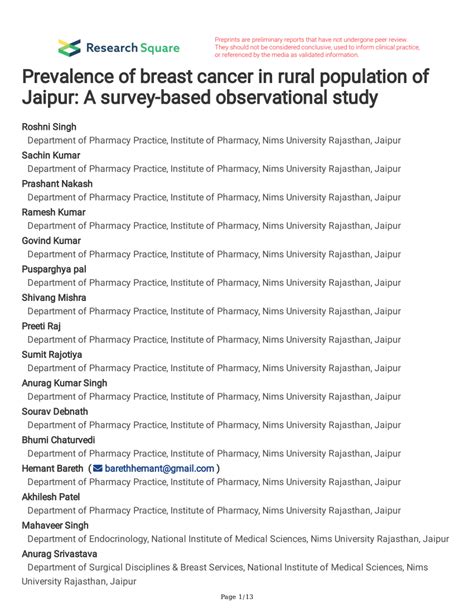 the villages early detection of breast cancer|Prevalence of breast cancer in rural population of Jaipur: a survey .